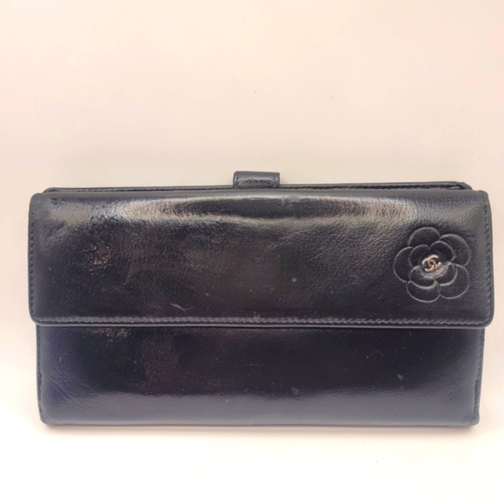 Chanel Black Camellia Embossed Leather Flap Wallet